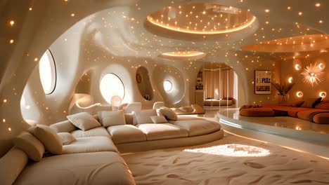 futuristic organic living room with starry ceiling and curved architecture
