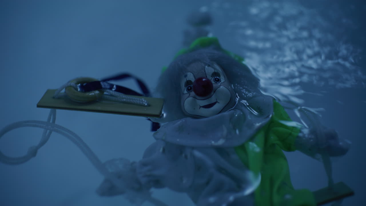A sad clown toy submerged in water