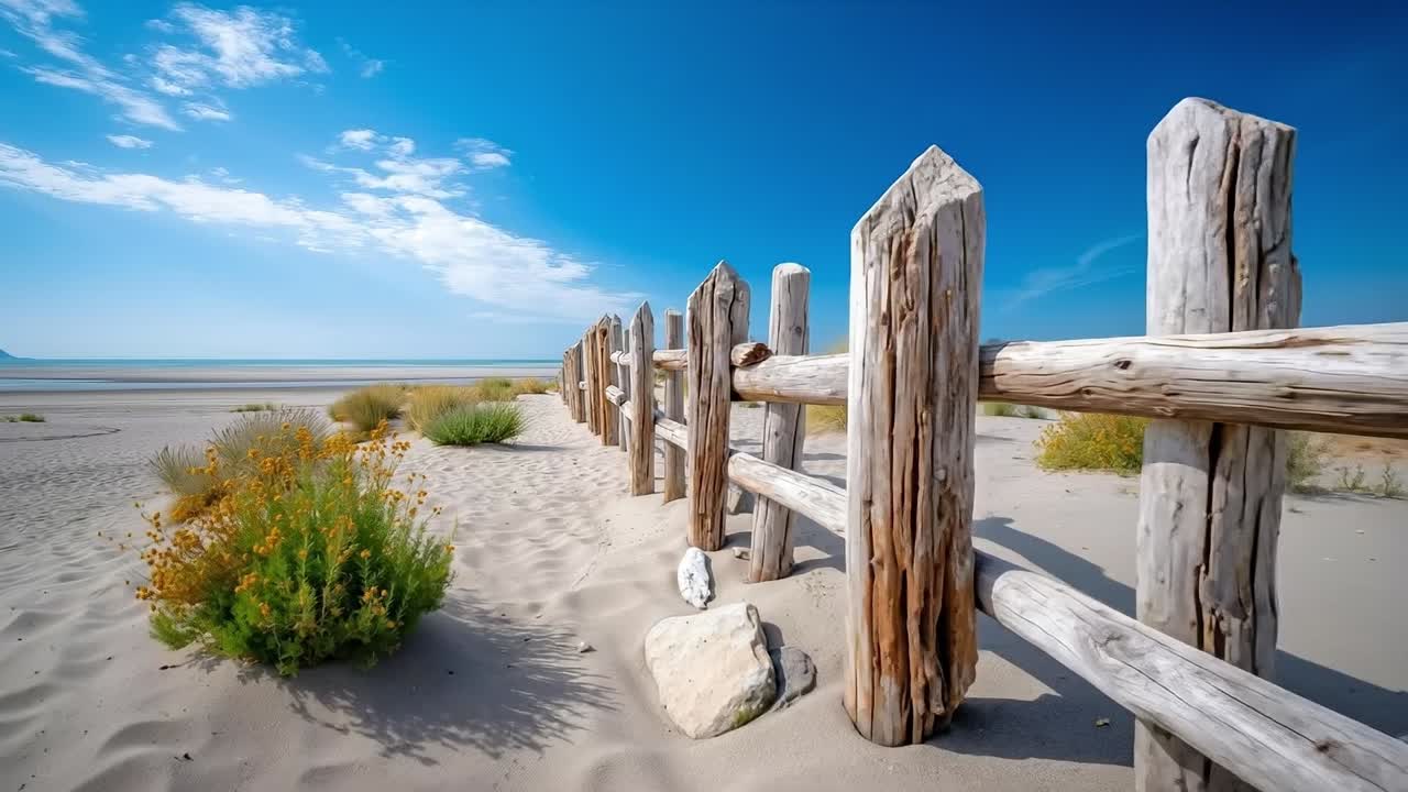 A wooden fence on a sandy beach next to the ocean