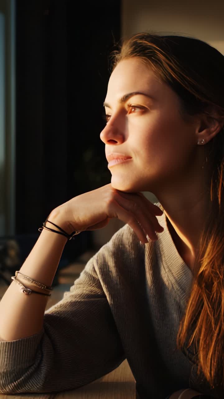 Contemplative Moment: A Woman Gazing Thoughtfully Out the Window Bathed in Warm Natural Light, Reflecting on Life's Inspirations and Possibilities