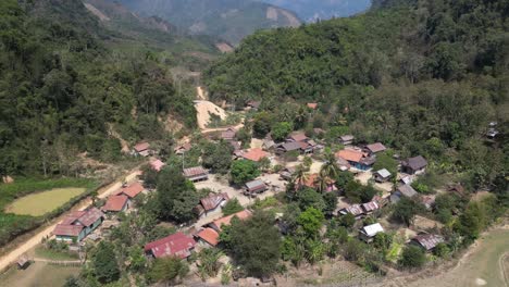 drone shot of remote village in the mountain town of nong khiaw in laos, southeast asia