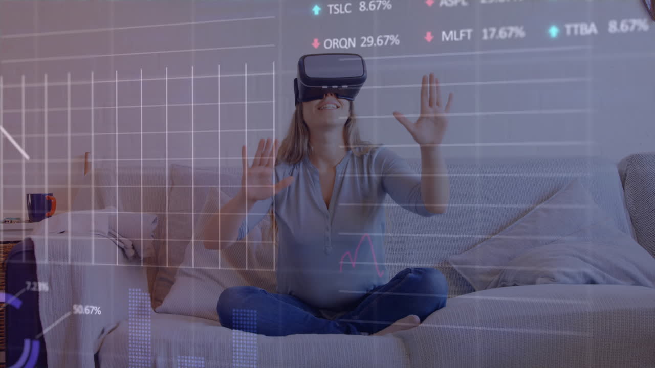 Animation of stock market data processing over caucasian woman wearing vr headset at home
