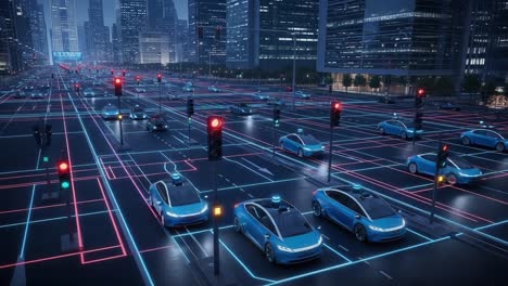 futuristic urban intersection featuring autonomous vehicles navigating through a high-tech grid network amidst a vibrant city skyline illuminated by neon lights