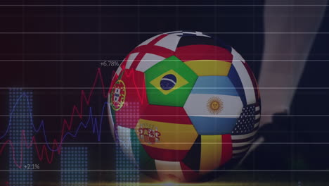 Animación-De-Datos-De-Procesamiento-De-Gráficos-Sobre-Las-Piernas-De-Un-Futbolista-Pateando-Una-Pelota-Con-Banderas-Internacionales