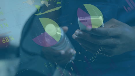 hands holding smartphone over financial charts and colorful pie charts animation