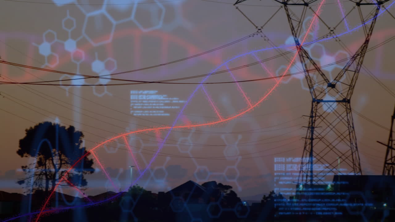 DNA strand and coding animation over suburban landscape with power lines