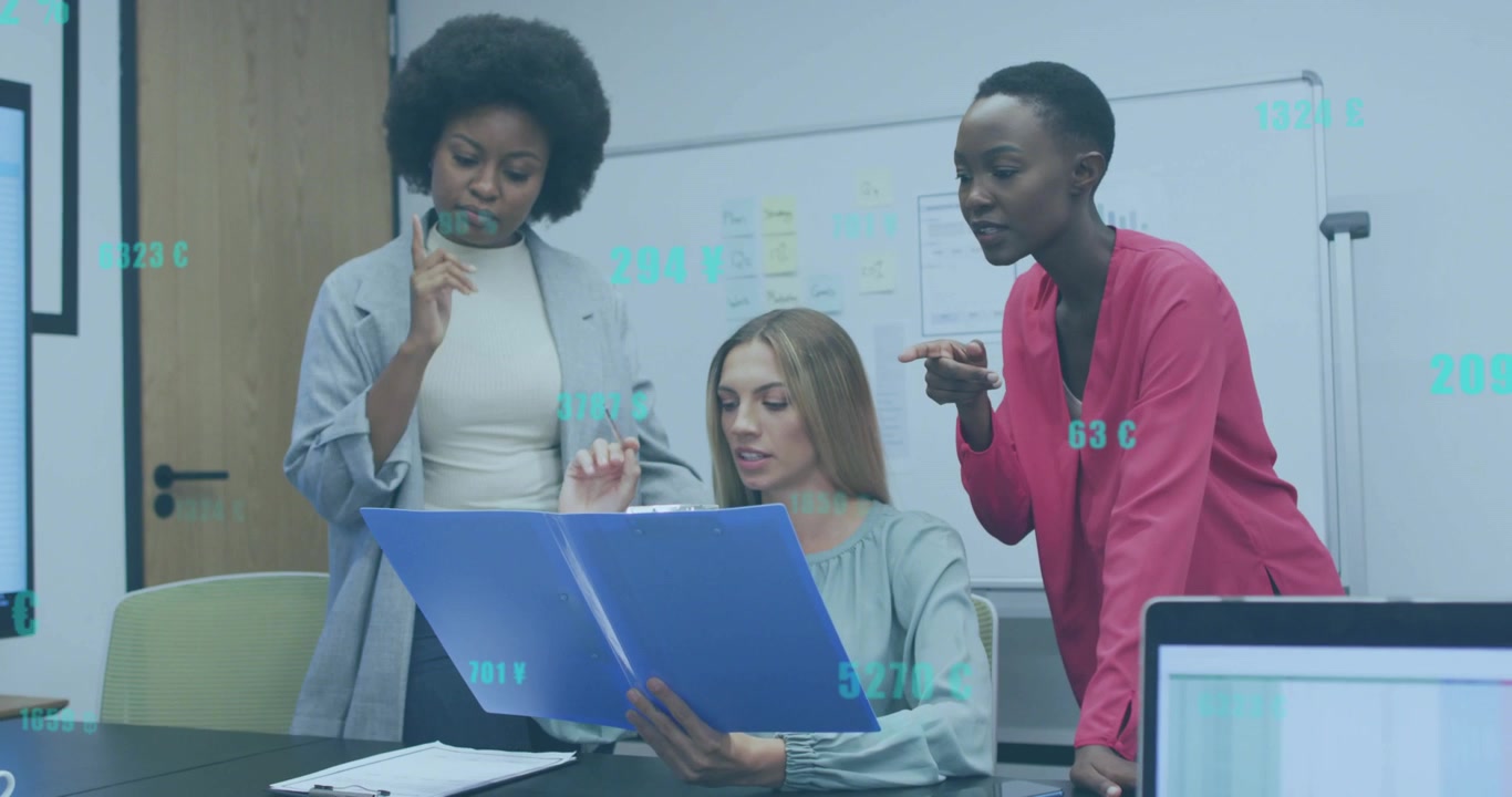 Vertical video: Opening blue folder three women in blazers around table flipping pointing reviewing