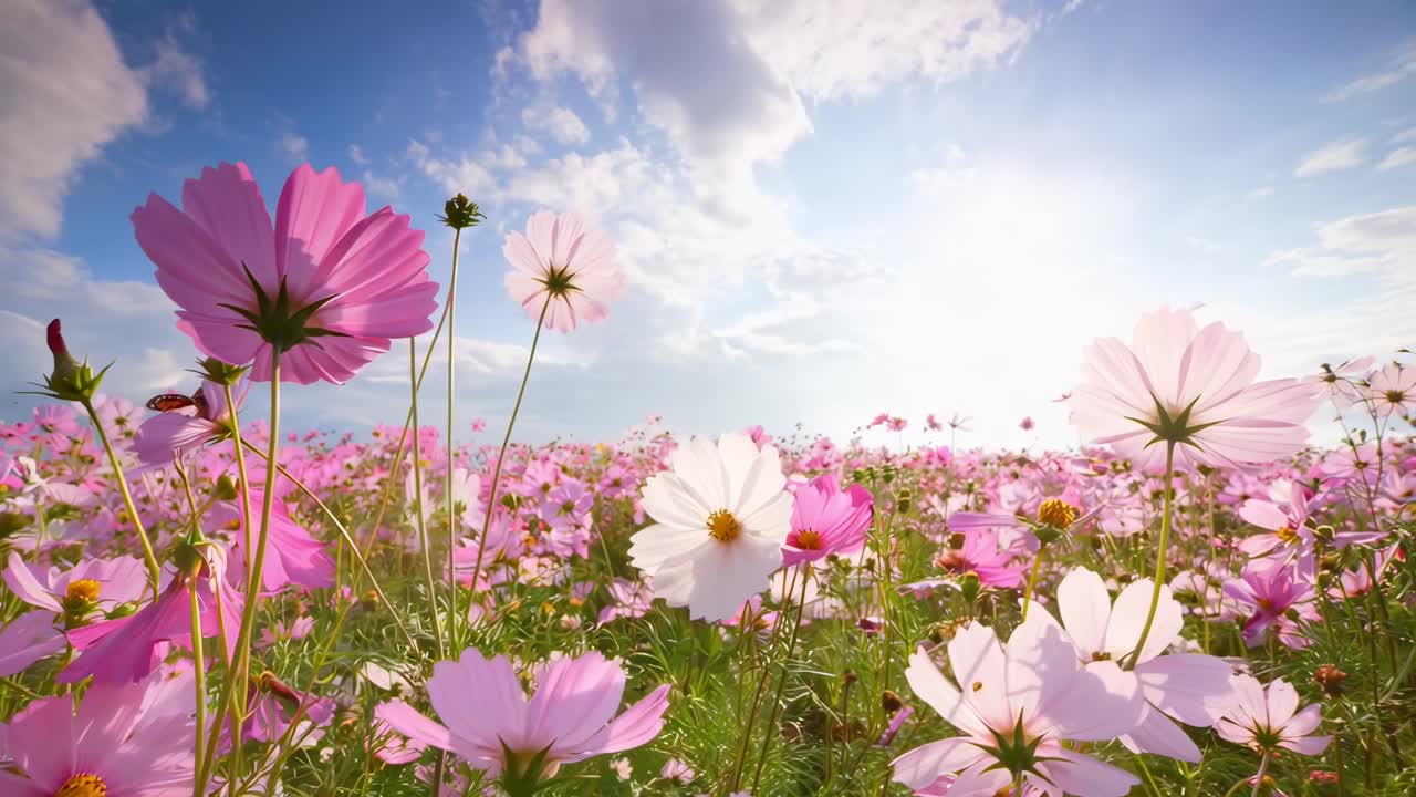 Wide-angle video of a vibrant pink flower field under a bright sky, capturing nature's beauty