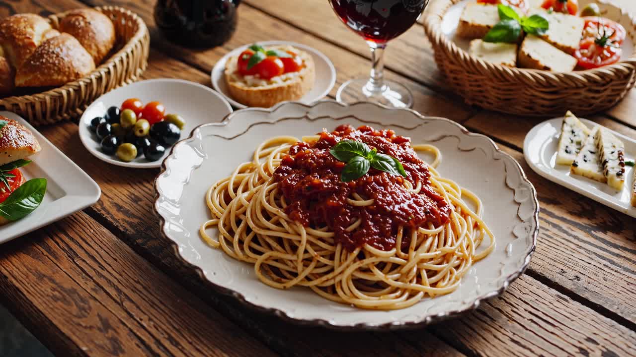 Angle de vue aérien d’un repas italien rustique avec des spaghettis, du pain et du vin, mis en scène pour un dîner chaleureux