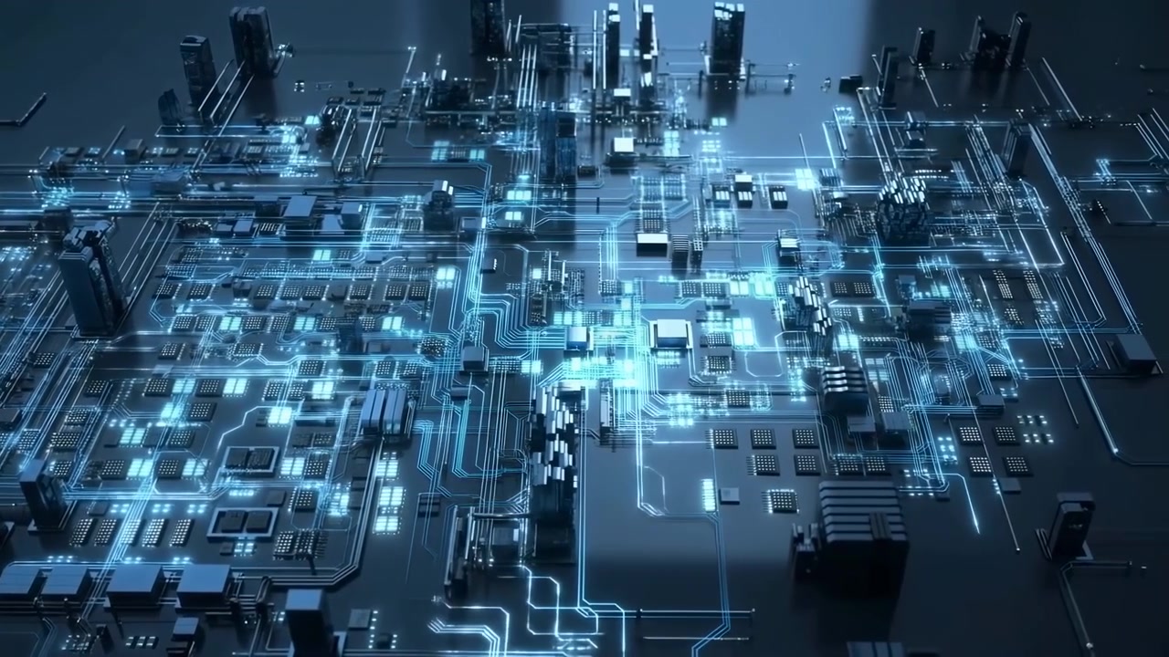 A glowing futuristic electronic cityscape fills the frame, with layered circuit traces, microchip-like structures, and illuminated pathways spreading across a