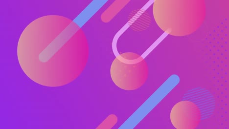 Geometric-shapes-and-orange-to-pink-circles-moving-on-purple-background