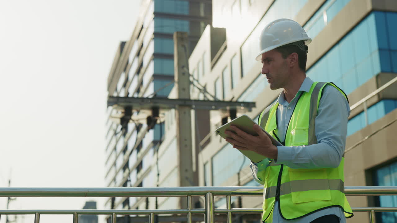 Engineer using a tablet on a construction site