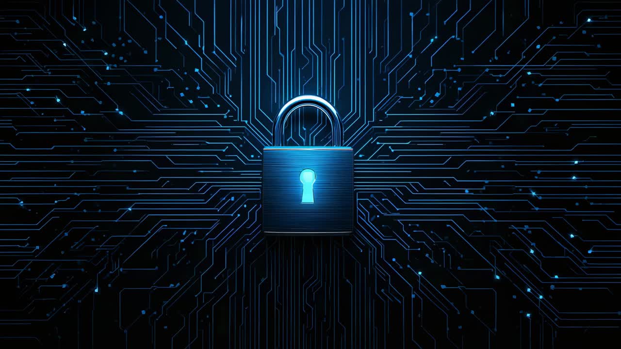 Initial pulse sending pulsing nodes along circuit board toward padlock keyhole, data security theme
