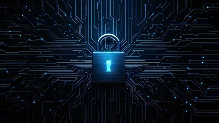 Impulso iniziale che invia nodi pulsanti lungo il circuito stampato verso il foro della serratura a lucchetto, tema della sicurezza dei dati
