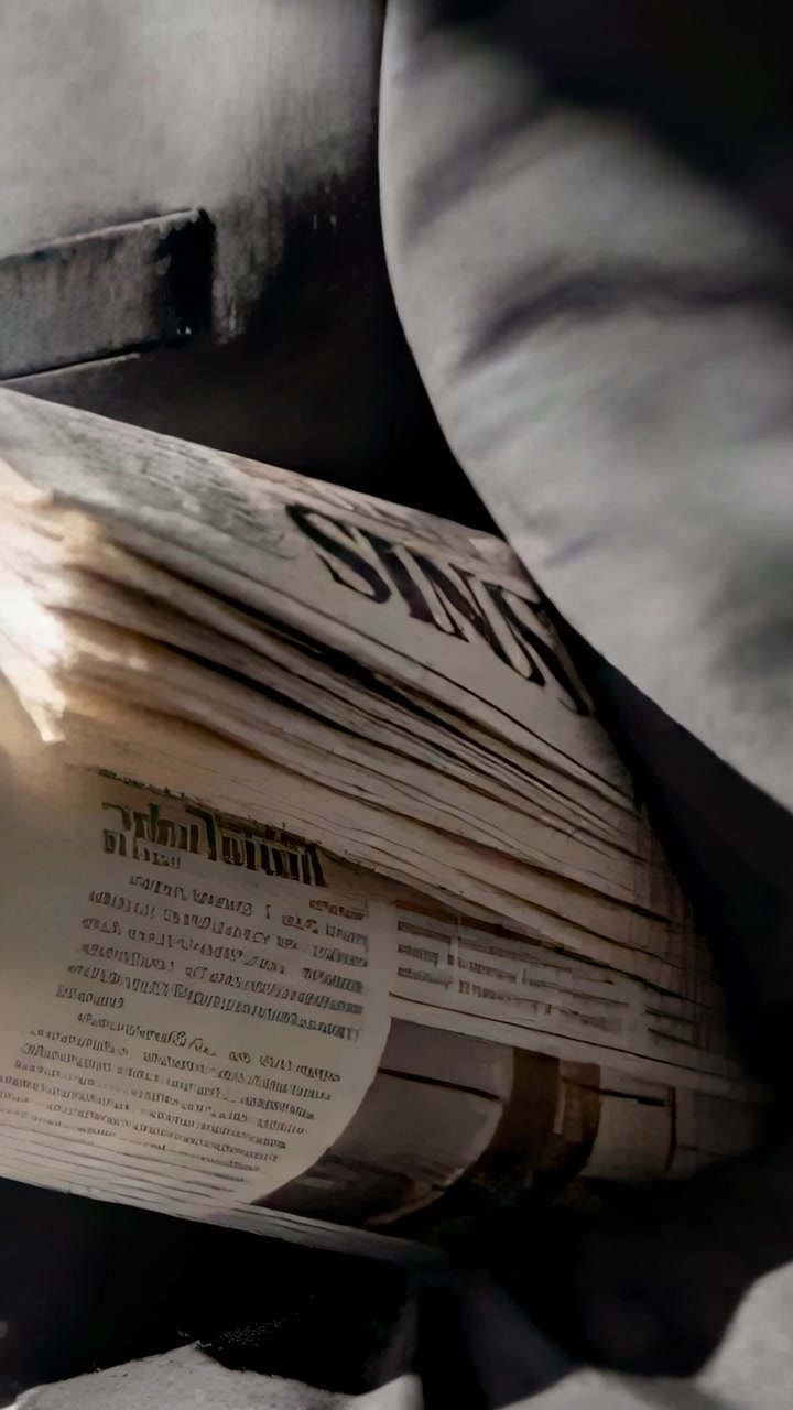 Vertical video: Light shifting revealing newspapers sitting on lap by dark coat pocket, copy space