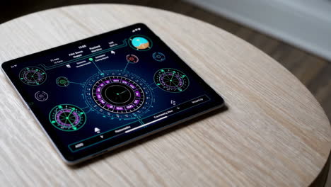 tablet display interface on wooden table