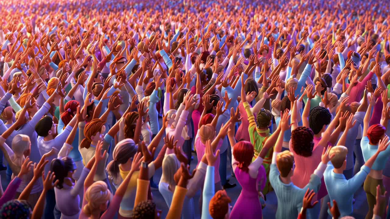 A Vibrant Crowd with Uplifted Hands: A Colorful Gathering of Animated Characters Celebrating Together in Unison, Radiating Energy and Enthusiasm in Every Direction