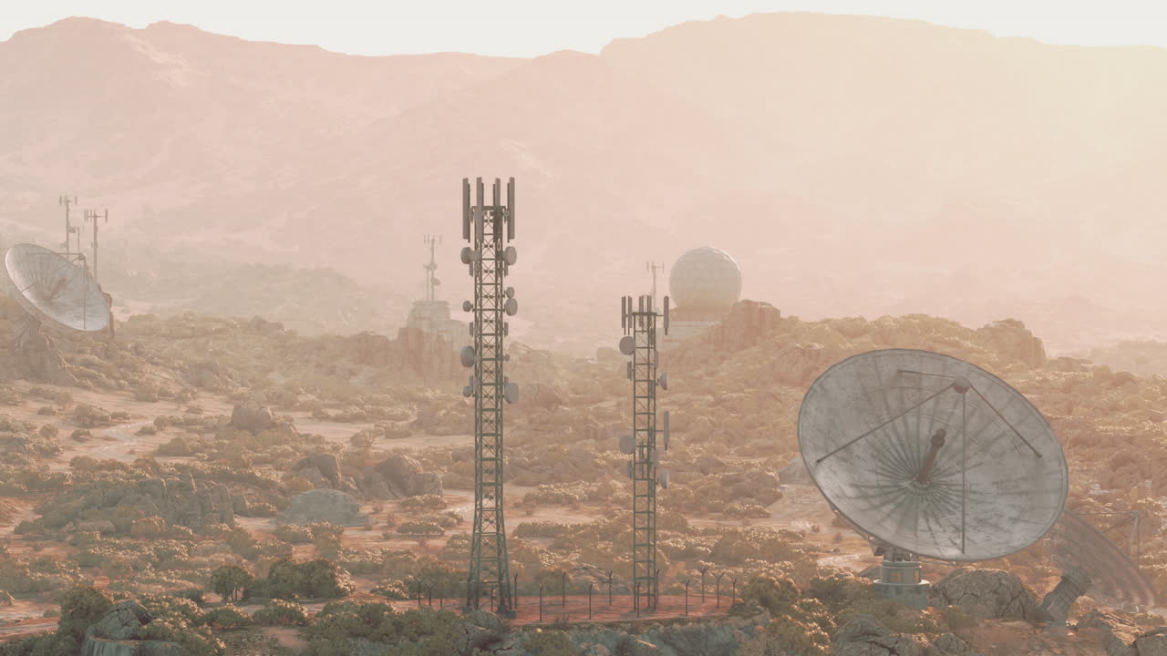 torres de satélites futuristas en un paisaje desértico