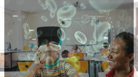 virtual reality headset and virus cells over children and teacher in classroom