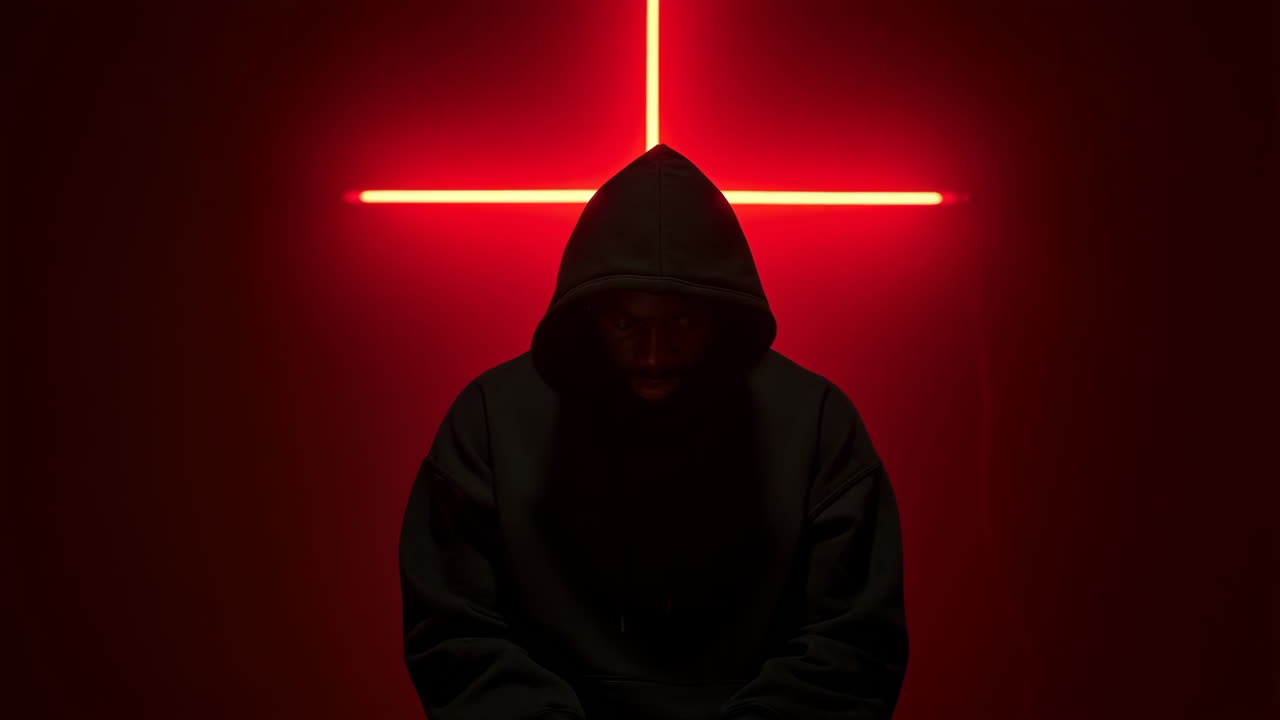 Person in Dark Hoodie Against Red Inverted Cross