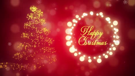 animation of christmas tree with happy christmas text on red background