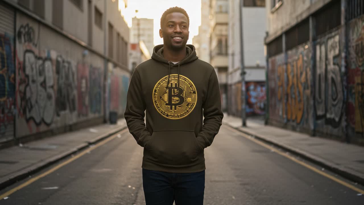 A confident young man standing in the urban street, adorned in a hoodie featuring a prominent Bitcoin design, showcasing modern streetwear fashion amidst vibrant graffiti art