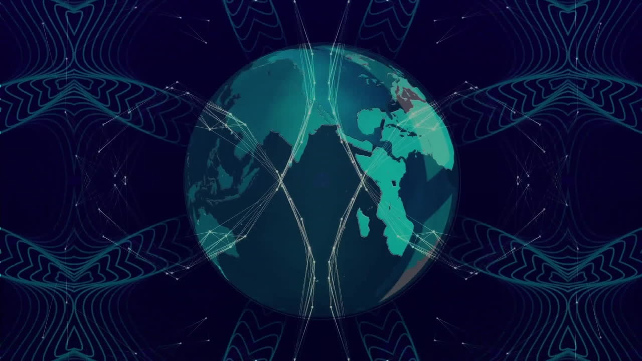 Animation of glowing light trails moving over globe on black background