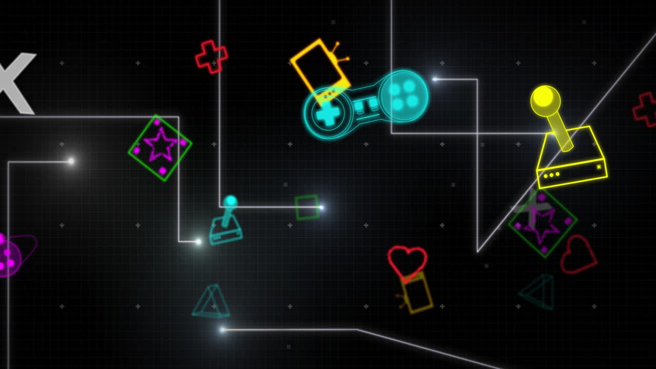 Neon gaming icons animation over black background with white lines and dots