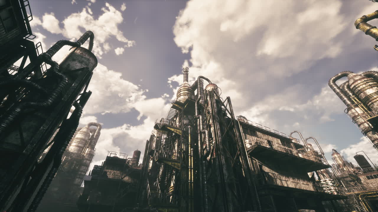 Usine majestueuse avec des tuyaux imposants et des surfaces métalliques réfléchissantes