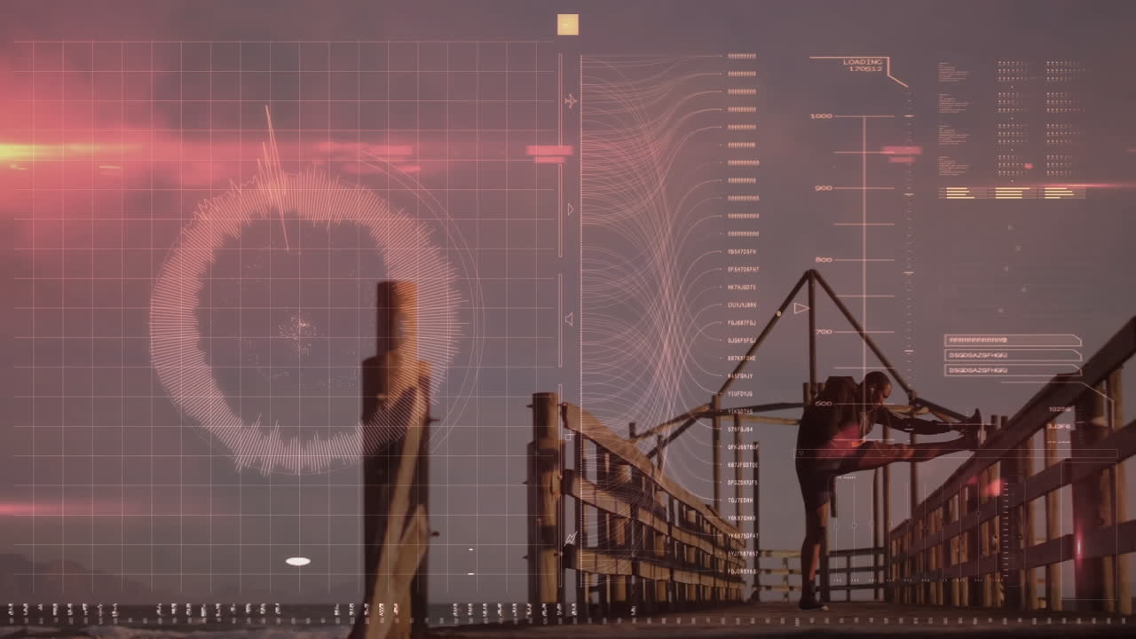 animación del procesamiento de datos sobre un hombre en forma haciendo ejercicio en la playa