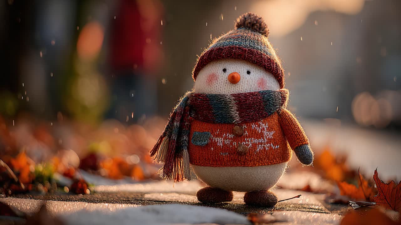 Charming Snowman Decorated with Cozy Scarf and Hat Captured in Autumn Leaves, Radiating Warmth and Joy in a Sunlit Outdoor Setting