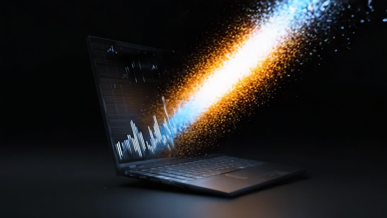 A futuristic laptop visualizing dynamic data through stunning particle effects, showcasing the fluidity of information and technology in a captivating dark background