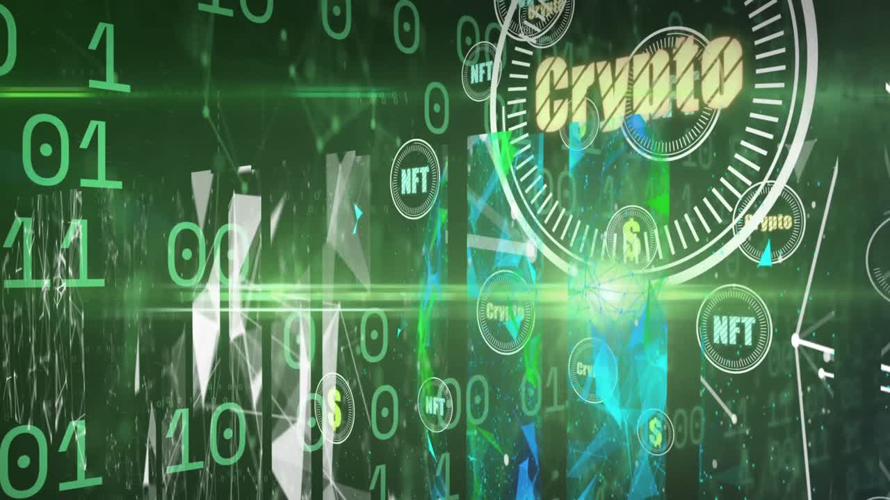 녹색 배경에 바이너리 코드 위에 원으로 된 암호의 애니메이션