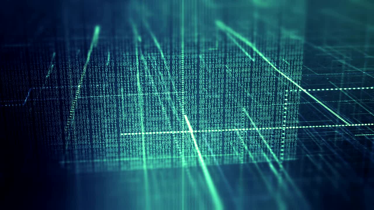 big data visualisatie. cybertechnologie code binair. digitale cyberspace met binaire code video animatie.