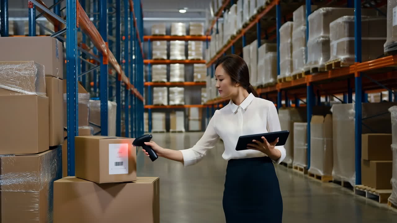 Donna che gestisce l'inventario e scansiona pacchi in un magazzino