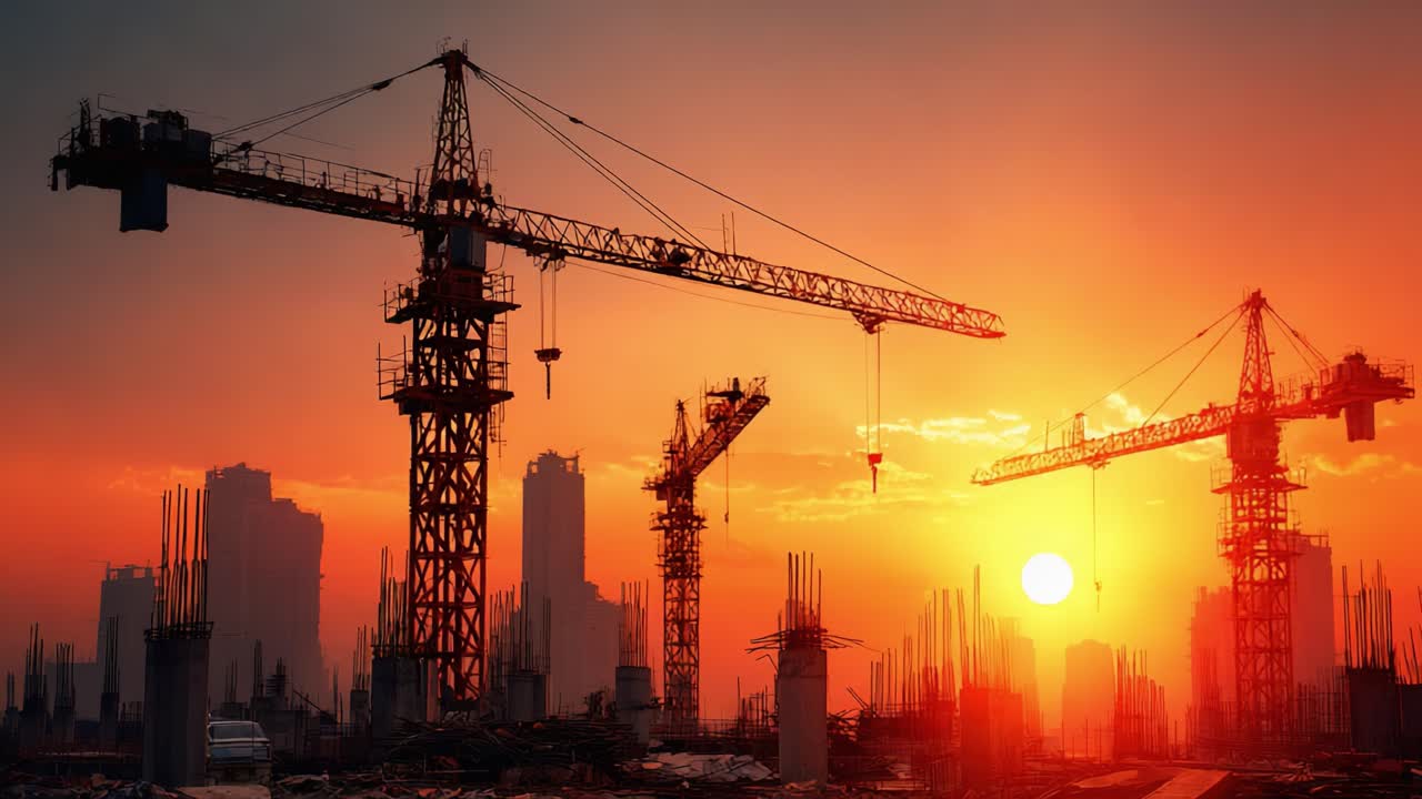 A Stunning Sunset Over a Construction Site: Tall Cranes Silhouetted Against the Dazzling Skyline in a City Under Development