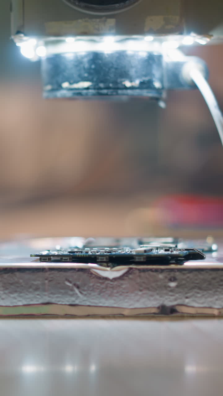 작업 공간을 조명하는 led 조명과 함께 회로판에 초점을 맞추는 현미경의 클로즈업 뷰, 배경은 흐릿합니다.