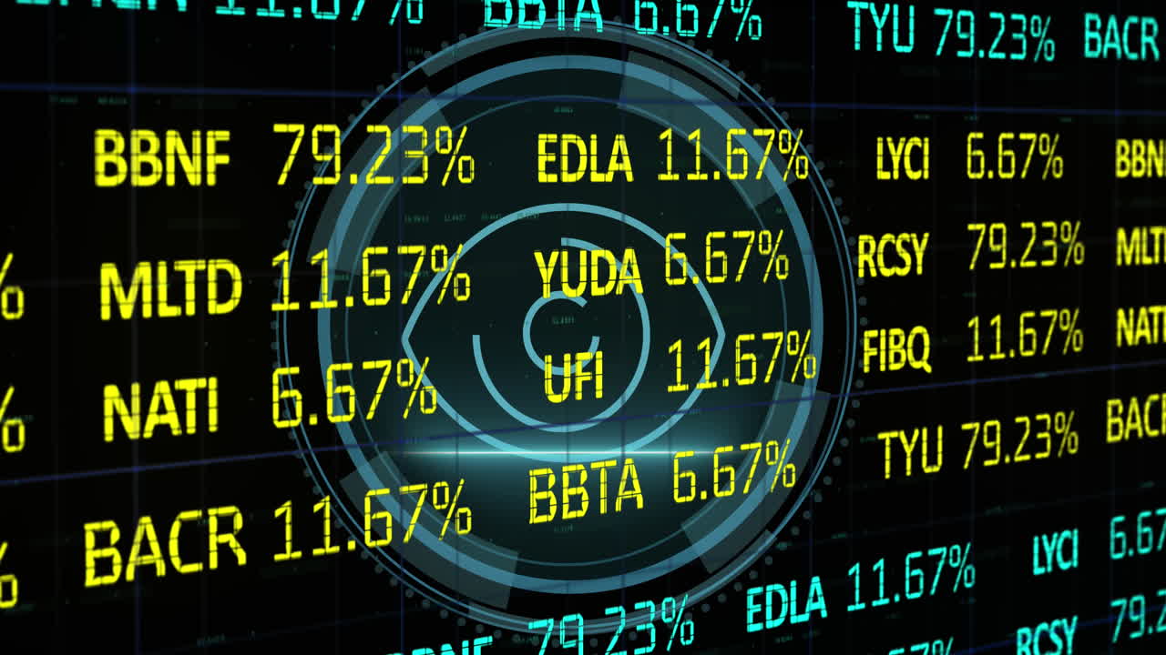 Animazione di elaborazione dati finanziari su testo "attacco informatico"