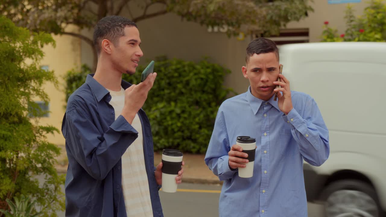 Two Young Men Talking on Phones and Drinking Coffee Outdoors