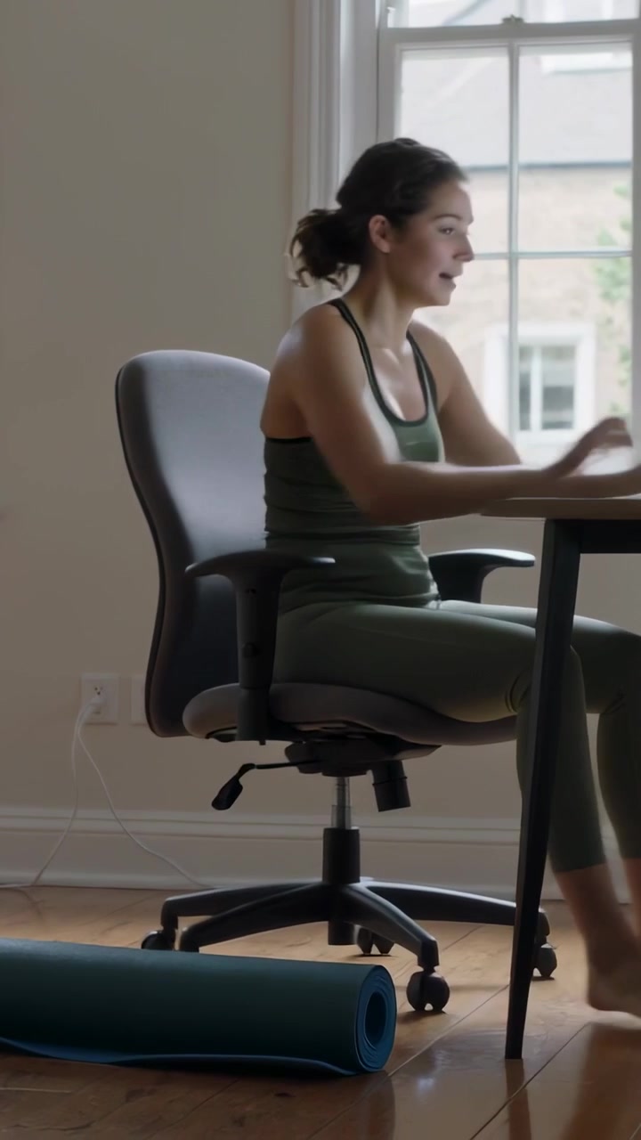Video vertical: Mujer entrando con ropa deportiva verde, llevando una esterilla de yoga en casa, colocando la esterilla para revisar el portátil.