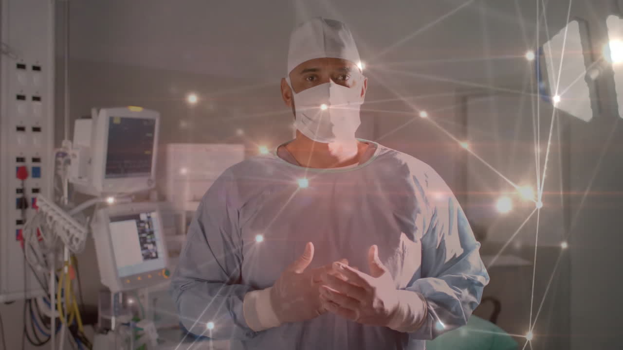 Surgeon in operating room with network connections animation over medical equipment