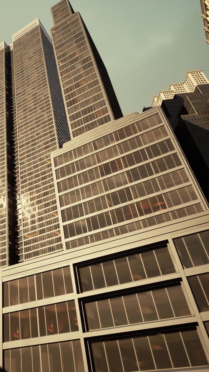Edifícios altos se destacam contra o céu em uma cidade movimentada durante o dia.