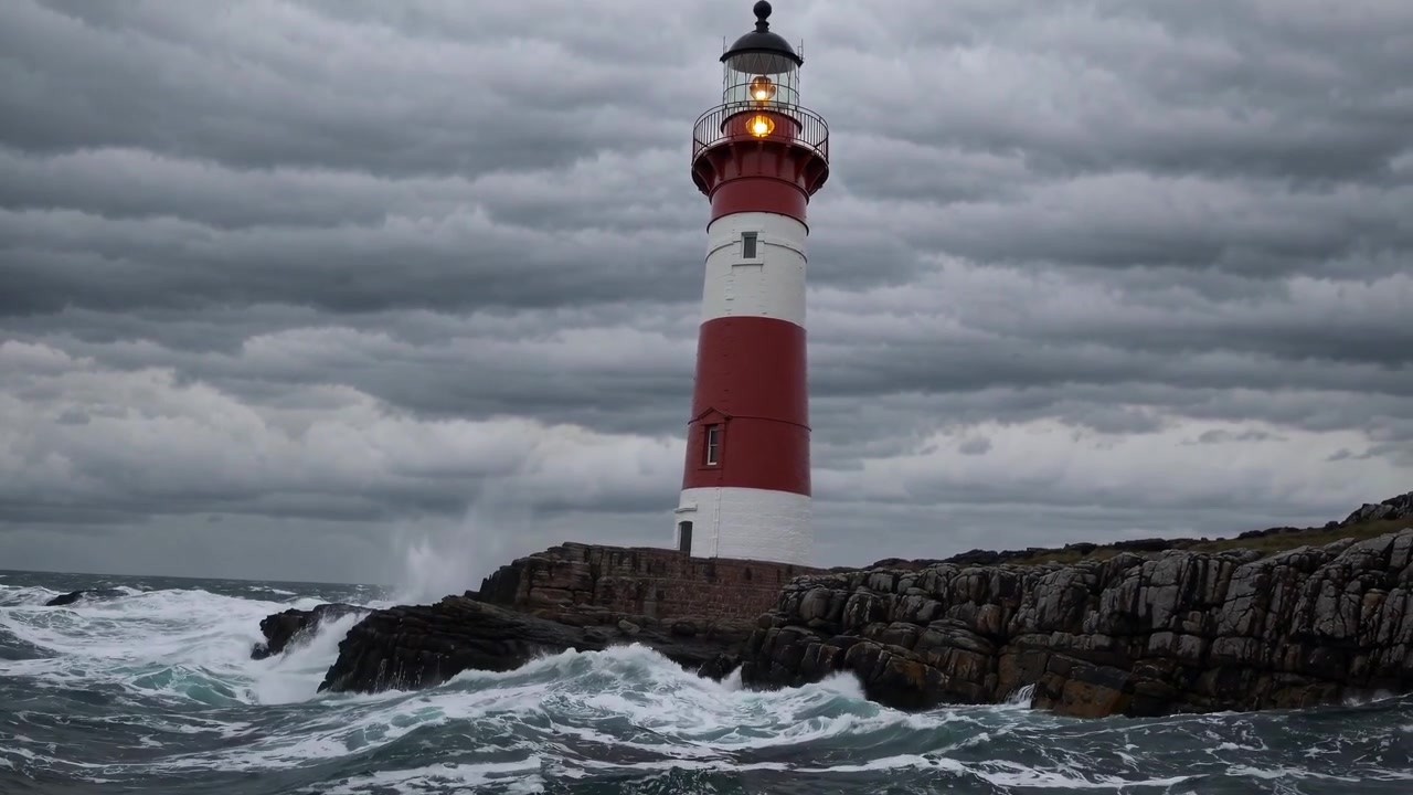 Faro rosso e bianco che si erge contro cieli tempestosi