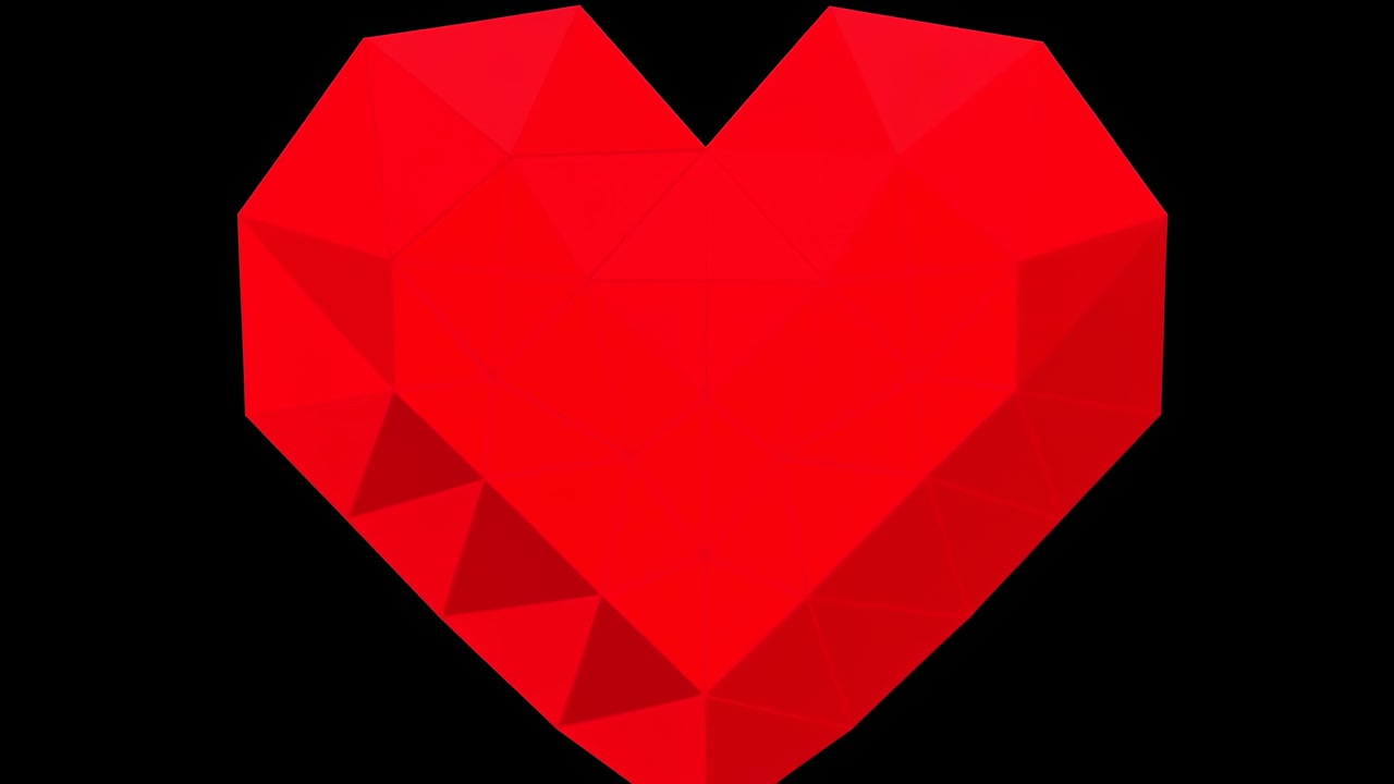 Corazón Poligonal Rojo Girando sobre Fondo Negro, Facetas Brillantes Captan la Luz en Animación Fluida en Bucle