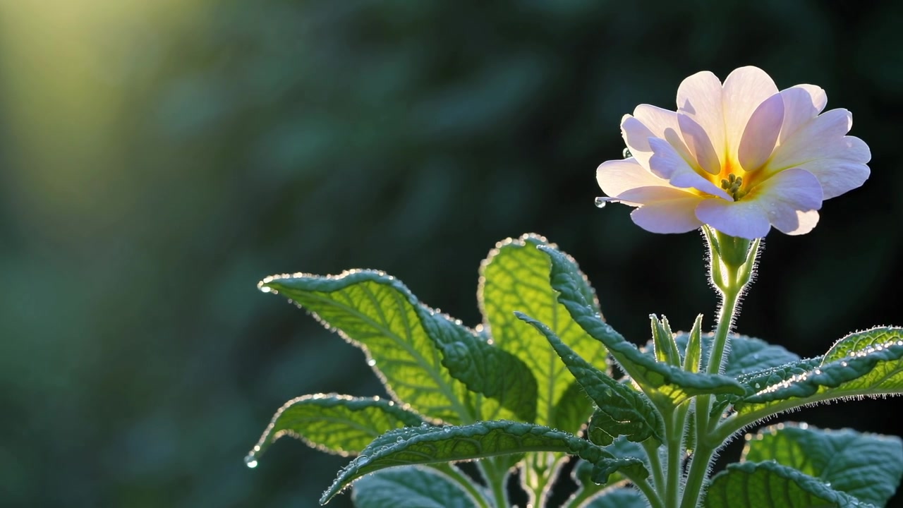 Bunga Primrose dengan Tetesan Embun di Bawah Sinar Matahari Pagi