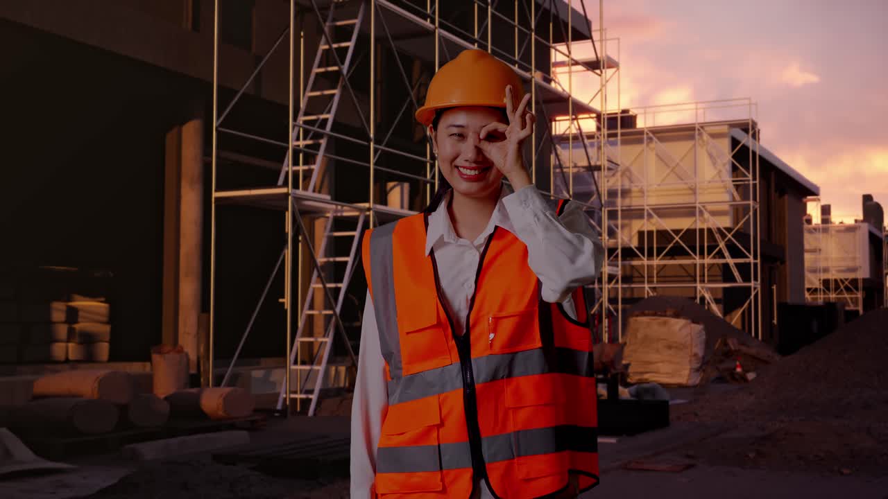 Asian Female Engineer With Safety Helmet Showing Ok Hand Sign Over Eye And Smiling To Camera While Standing At Construction Site in Progress to New House