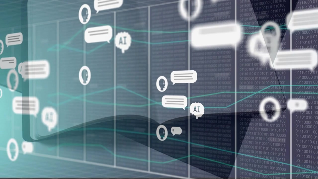 Timeline advancing, avatars forming AI-tagged chat bubbles on tech grid, showing network growth