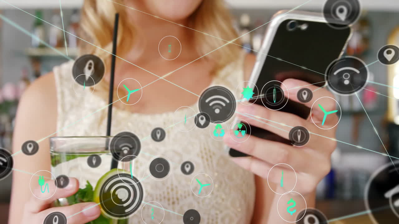 Using smartphone, woman interacting with digital network animation in school setting