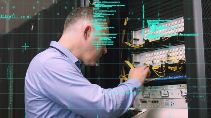 Animation of data processing over caucasian man in server room
