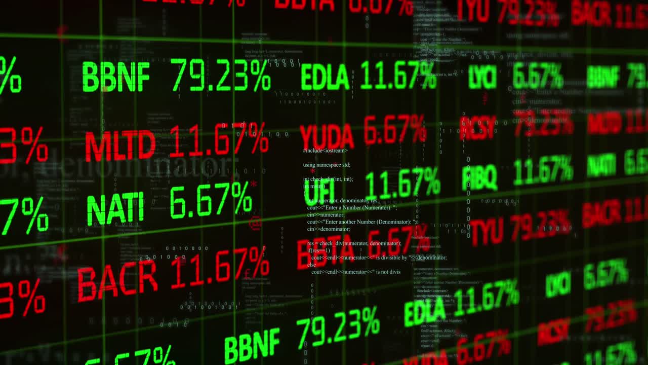 Animazione dell'elaborazione di dati finanziari e griglia su sfondo nero